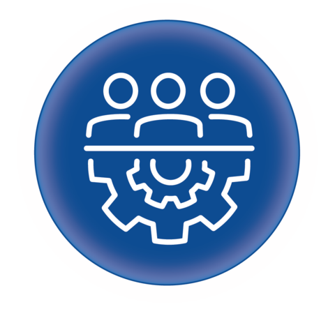 Organizational Culture icon showing three outlined people on top of half of a wheel.