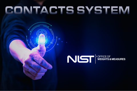Image of a hand pressing against a glass with the NIST OWM Logo and Contacts System in text across top of image