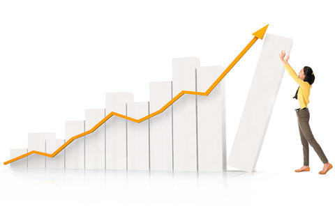 Learn and Improve image showing a woman pushing up a bar in a chart to show improvement.