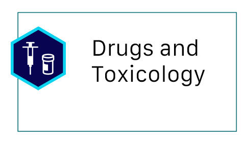 a hexagon with the icons of a needle and pill bottle sits on the left side of a box with the word Drugs and Toxicology
