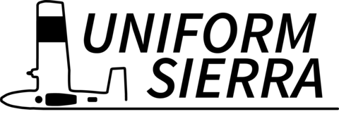 Black and white logo of an airplane wing that says, "Uniform Sierra".