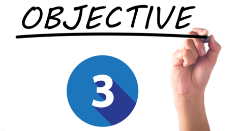 Hand writing OBJECTIVE on transparent board with 3 in blue circle