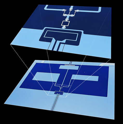 A blue-tinged drawing shows a schematic of the two qubits and resonator above a white rectangle, which represents the SQUID device that controls the connections and relationships among the qubits and resonator elements.