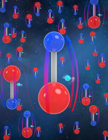 Illustrated molecules, represented by red spheres and blue spheres connected by a white cylinder, fill a dark blue field. Alongside the molecules are electrons, represented by light blue spheres with directional arrows pointing through them.
