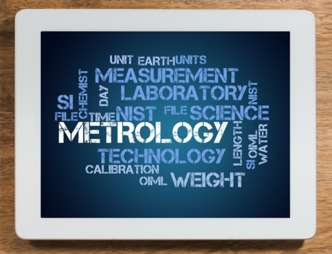 Chalkboard background with words Measurement, laboratory, metrology, technology, calibration, OIML, weight, length, chemist, NIST