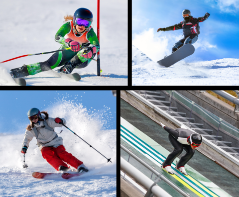 four photos of skiers