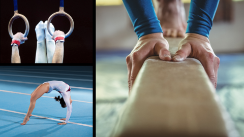collage of three images: girl gymnast doing backbend; male hands holding rings; and hands and feet on balance beam