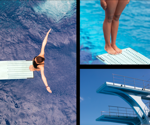 Collage of 3 images of diving: diver standing on edge of diving board; diver getting ready to bounce off of diving board; image of decks on a ship