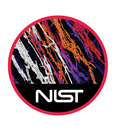 black background with sketchy diagonal lines in orange, red, purple and white. NIST snake logo at bottom.