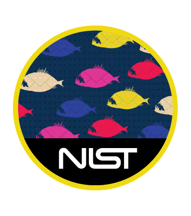 Black background. Multicolor fish icons. NIST snake logo.