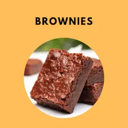 A stack of brownies on a napkin in a circle in a orange box titled brownies