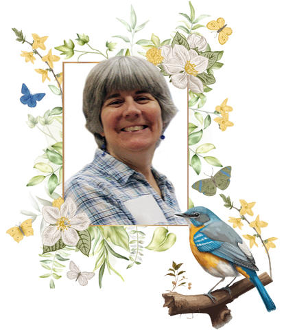 Photo of Jane Poulter with a bird, butterflies, and flowers in the background.