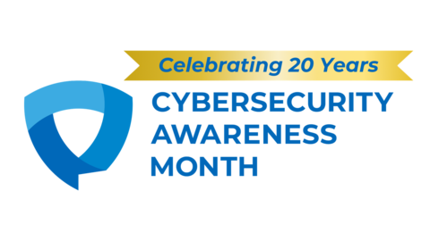 Abstract image of a shield with a gold banner at the top saying 'celebrating 20 years' and blue text below saying 'cybersecurity awareness month'