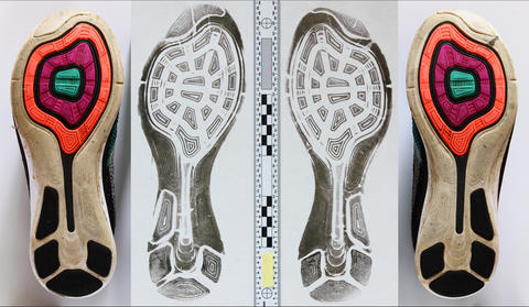 Footwear outsole on the far left and right and the impression created with them in the middle