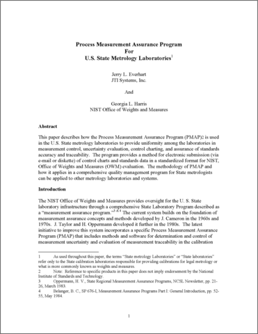 NISTIR 6176: Process Measurement Assurance Program For U.S. State Metrology Laboratories Editions: 1998