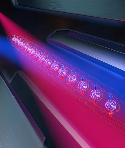 Illustration of a pair of tweezers surrounding a beam of light that illuminates a line of atoms, each with an analog clock face in the center and an up and down arrow pointing through it.