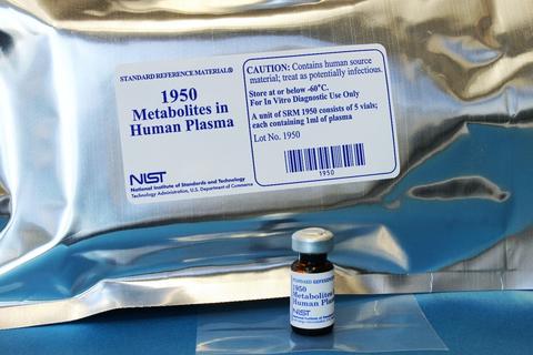 Photograph of a mylar bag and amber vial labeled 1950 metabolites in Human Plasma