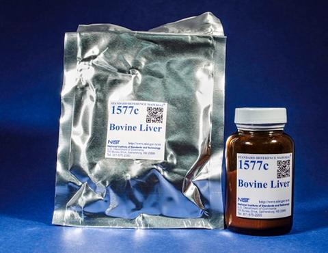 Photograph of a labeled mylar bag and amber bottle for SRM 1577c Bovine Liver.
