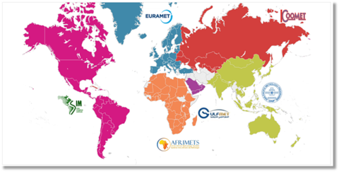 Map of the world, with six colors used to identify the six regional metrology organizations. 