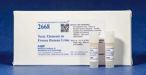 Photograph of a unit of SRM 2668 with labeled box and frozen plastic vials.