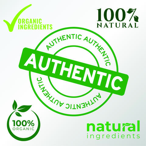  Illustration with logo style printing:  “organic ingredients”, “100% natural”, “100% organic”; “natural ingredients”, and “authentic” centered in bold letters.    