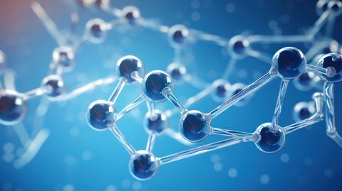 3d atom molecules chained together floating against blue background, generative ai