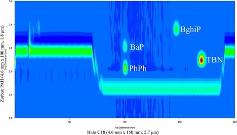 Two-dimensional chromatogram showing the separation of four compounds as shaded elliptical areas