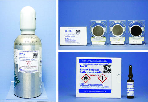 Photo montage of reference materials showing a gas cylinder, filters with air particulate matter, and a glass ampoule containing a solution.
