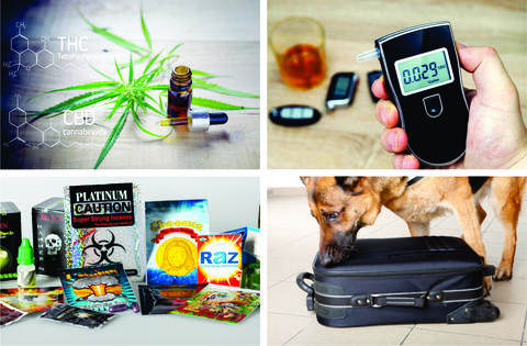Photo montage showing cannabis with THC and CBD chemical structures, a breathalyzer, a dog sniffing luggage, and colorfully packaged illicit drugs.