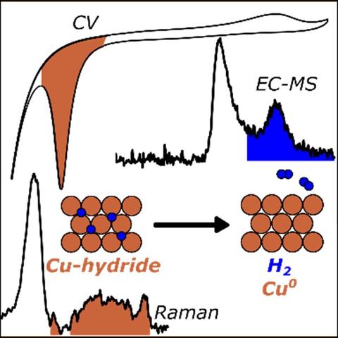 Electrochemical mass spectrometry and Raman spectroscopy reveal surface hydride formation on Cu surfaces under conditions relevant to hydrogenation reactions such as hydrocarbon formation from CO2.