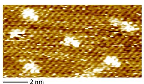 Electrochemical scanning tunneling microscopy of sulfonate terminated disulfide molecules on the chloride covered Cu (100) surface that models the active surface phase associated with superconformal Cu deposition.