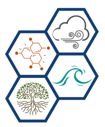 Stylized figure consisting of the chemical structure of pyrene with four hexagon rings enclosing icons for wind/clouds, waves, tree, and chemical structure.