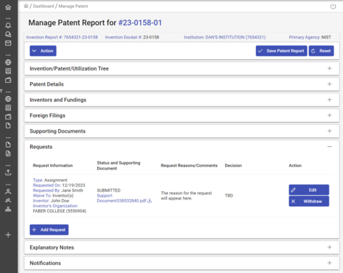 Patent assignment request screenshot.