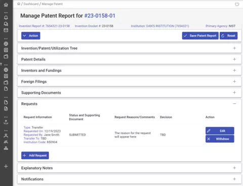Patent transfer request screenshot.