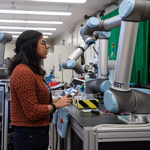 A woman holding a tablet looks up at a robot, while working in a lab at NIST. 
