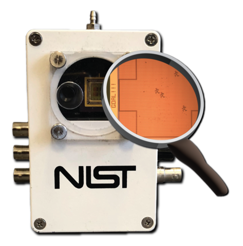 Device with nanosoccer fields chip visable through glass window. This images is an interpretative depiction of the magnification of a nanosoccer field.