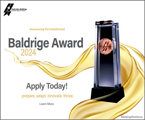 Announcing the transformed 2024 Baldrige Award Apply Today! Learn More prepare. adapt. innovate. thrive.  #BaldrigeResilience