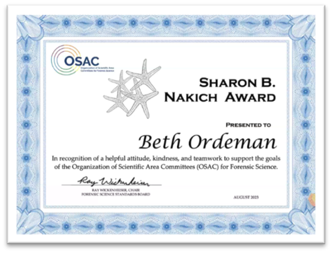 Certificate for Beth Ordeman, recipient of the 2023 Sharon Nakich Award