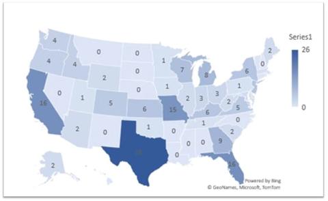 Map of the U.S. showing the number of Registry implementers by state - Feb 2024