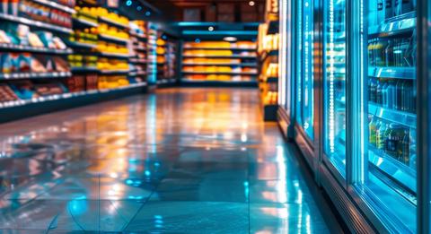 Modern, brightly lit supermarket aisle with stocked shelves and refrigeration units, showcasing a variety of products and organized layout.