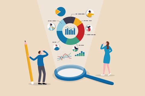 People looking at graphs and charts under a magnifying glass