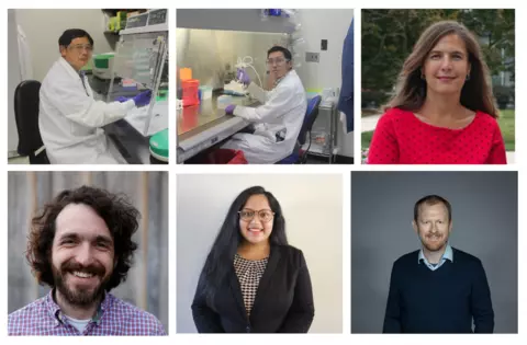 collage of four people, mostly headshots and two in the laboratory
