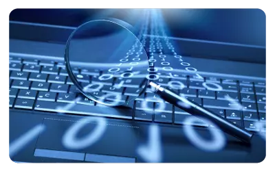 image of binary data flowing through a magnifying glass