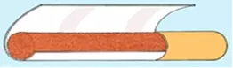 Orange cylinder representing a cigarette with open paper wrapping around it with horizontal bands within the paper.