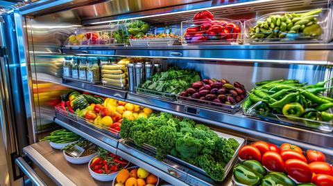 A variety of fresh vegetables on the store shelf. Farm produce. Natural background.