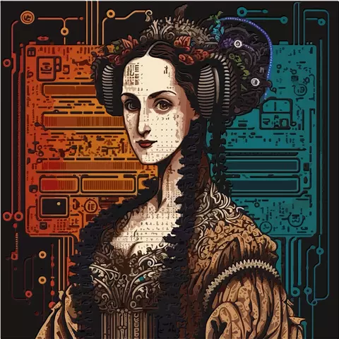Drawing depicting a portrait of Ada Lovelace in front of a computer circuit board
