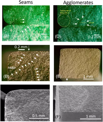 Vertically built alumina test bars had frequent flaws leading to fractures. 3 images of seams and 3 images of agglomerates show areas where the alumina contain flaws that can cause fracturing of the built sample.