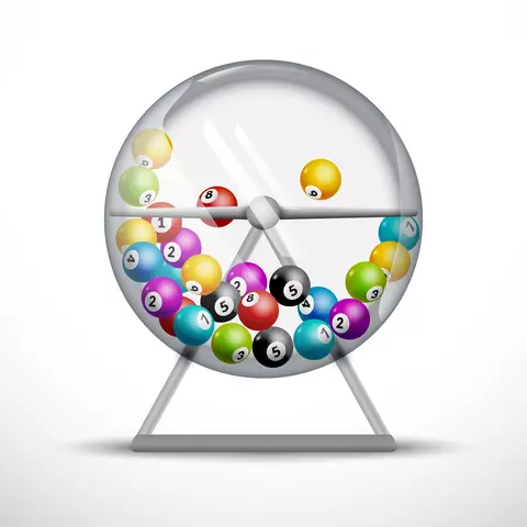 Illustration shows a lottery ball machine: a clear plastic sphere on a stand, half-filled with colorful numbered balls. 