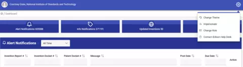 Screenshot of iEdison Dashboard that shows the Settings Gear in Top Right Hand Corner to Access iEdison Help Desk Form