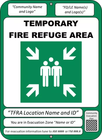 Template for a sign reads "Temporary Fire Refuge Area" with icons of people and space for localized information to be added.